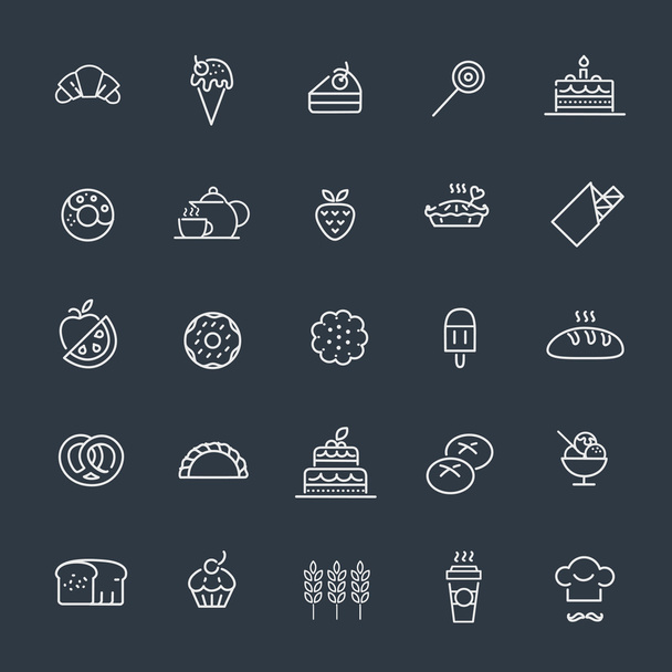 Bakery, pastry icons set - bread, donut, cake, cupcake - Вектор,изображение