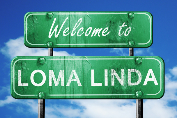 loma linda vintage green road sign with blue sky background - Fotó, kép