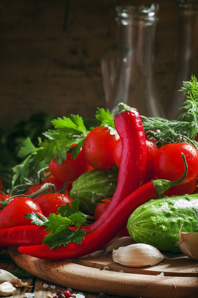 Red hot pepper with spring vegetables  - Fotoğraf, Görsel