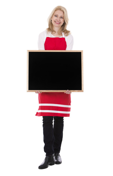 blond woman wearing red apron - Foto, imagen