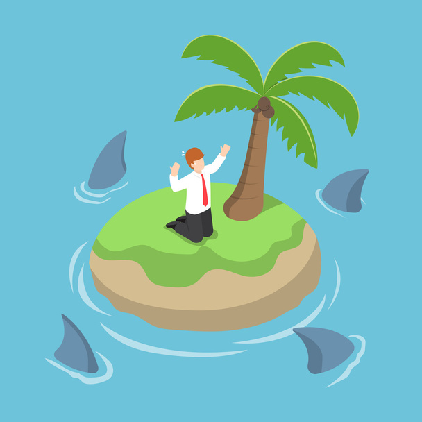 Isometric businessman stranded in an island surrounded by shark - Vector, Image