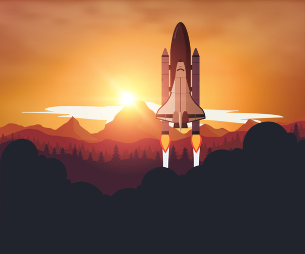 夕日を背景にスペースシャトル - ベクター画像