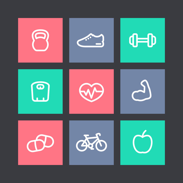 Fitness thick line icons, healthy lifestyle, training, workout, biceps linear icons on squares, vector illustration - Vector, Image