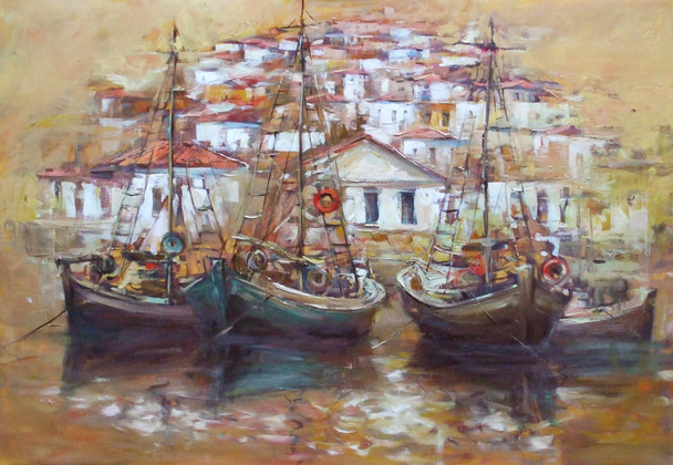 Βάρκες στο λιμάνι νησί, χειροποίητα ζωγραφική - Φωτογραφία, εικόνα