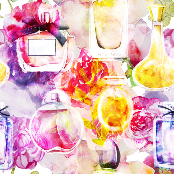 bezešvé pozadí s akvarel parfémů a květiny - Fotografie, Obrázek