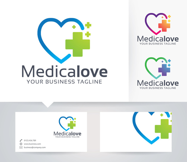 Medische liefde vector logo met alternatieve kleuren en visitekaartjes sjabloon - Vector, afbeelding