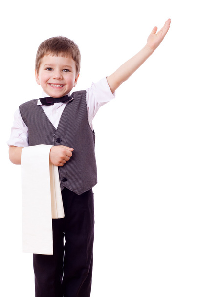 Little waiter with towel and pointing hand - Φωτογραφία, εικόνα