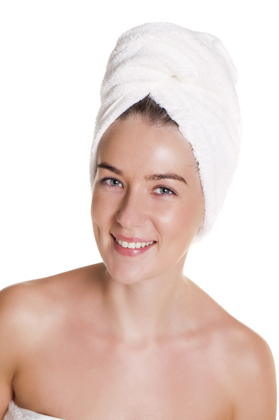Beautiful Happy Spa Girl Isolated on a White Background - Foto, imagen