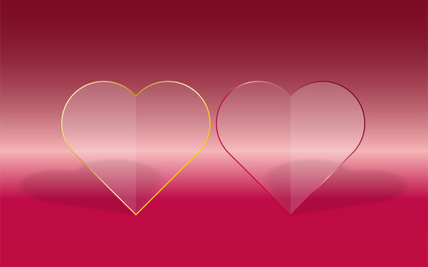 Two transparent hearts with glass fill and red or gold frame on pink gradient background with dropped shadow - Vector, Image