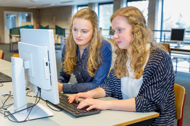 Due studentesse che lavorano insieme al computer in classe
 - Foto, immagini