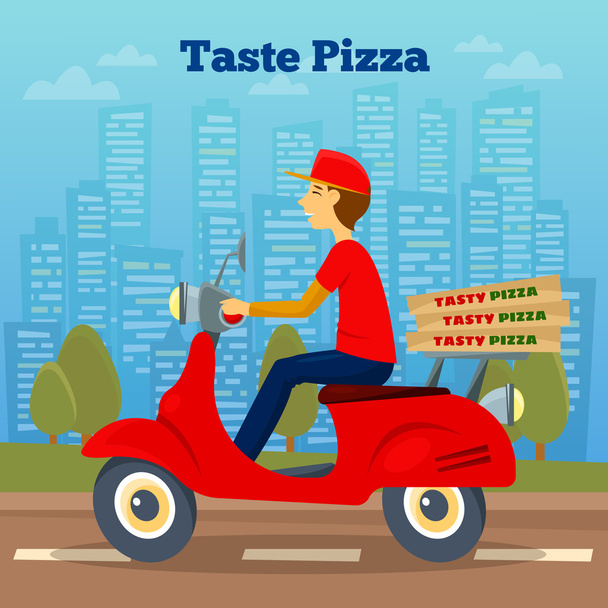 Pizza koerier op scooter. Pizza levering. Delivery man.  - Vector, afbeelding