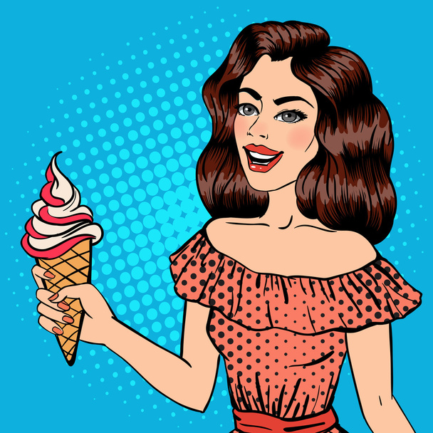 Girl with Ice Cream. Pop Art Banner. Pin Up Girl. Beautiful Woman with Icecream Cone. Vector illustration - Vector, Image