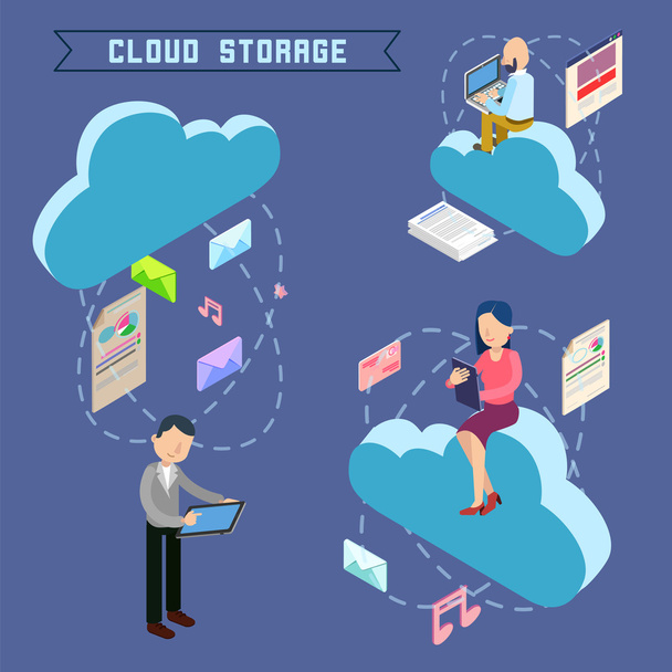 Cloud Storage. Isometric Computer Technology. People Uploading Files to the Repository. Vector illustration - Vector, Image