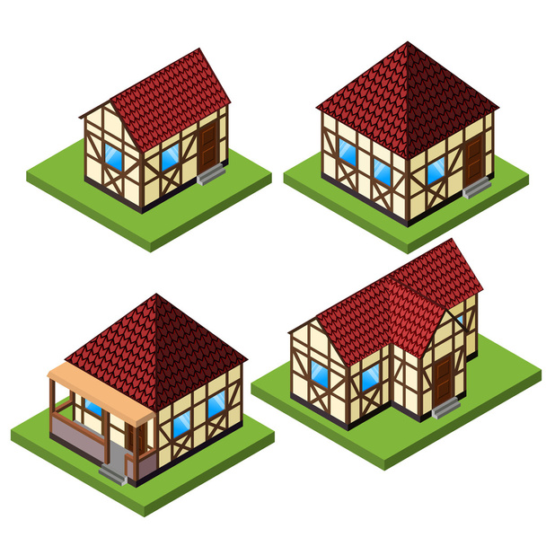 Colección de casas isométricas rurales vectoriales en estilo de encuadre de madera
. - Vector, Imagen