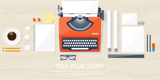 Vektorillustration. flache Schreibmaschine. Erzählen Sie Ihre Geschichte. Schriftsteller. Bloggen. Holz Hintergrund. - Vektor, Bild