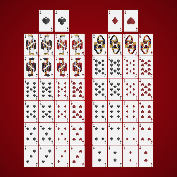 Poker cartes ensemble complet quatre couleurs design classique sur un fond rouge
 - Vecteur, image