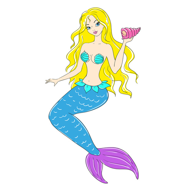 Cartoon character mermaid with shell - Vetor, Imagem