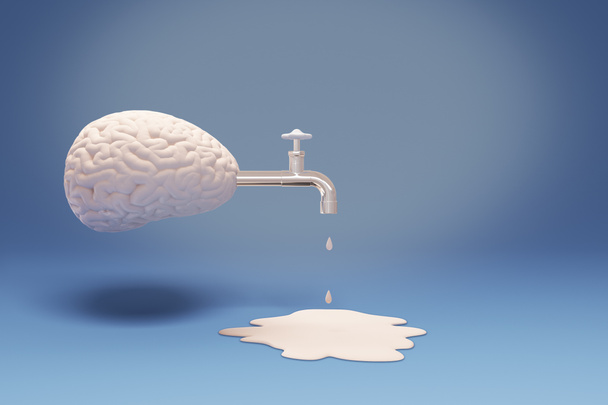Braindrain concept met vloeistof die uit abstracte hersenen tik op blauwe achtergrond. 3D-rendering - Foto, afbeelding