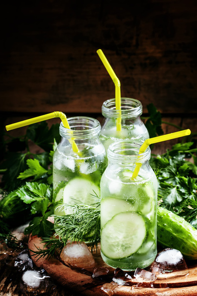 Cucumber fizzy drink with herbs and ice - Fotoğraf, Görsel