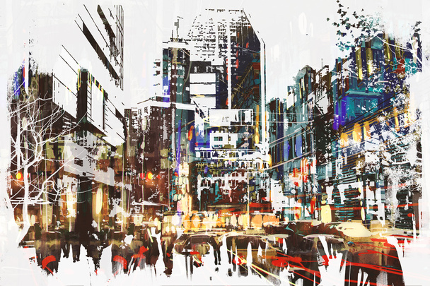 люди, прогуливающиеся по городу с абстрактной гранжевой живописью
 - Фото, изображение