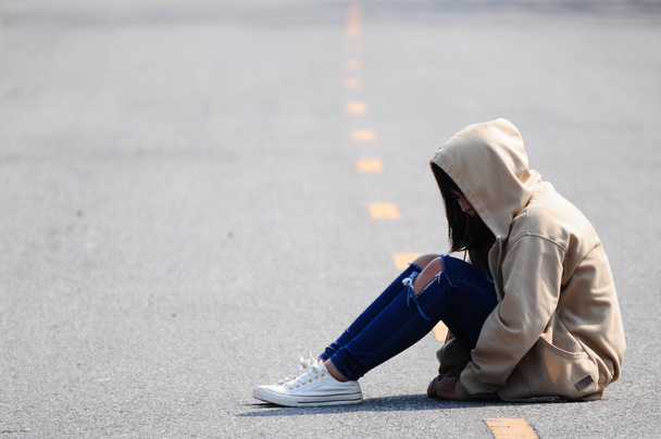 Sad and Heartbroken Girl Sitting on the Road - Photo, Image