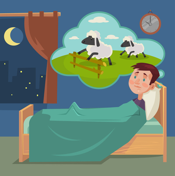 Sleepless man counting sheep. Vector flat cartoon illustration - ベクター画像
