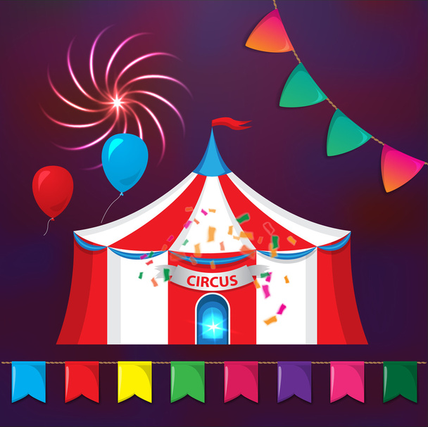 Big Top Circus tenten met decoratieve elementen. Vuurwerk, vlaggen en slingers. - Vector, afbeelding