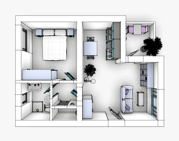 3d интерьер мультфильма рендеринг квартиры без крыши с мебелью
 - Фото, изображение