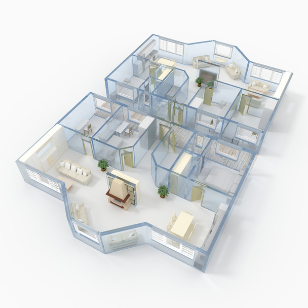 3d interior rendering oblique view of roofless aqua glass apartment with furnishings  - Photo, Image