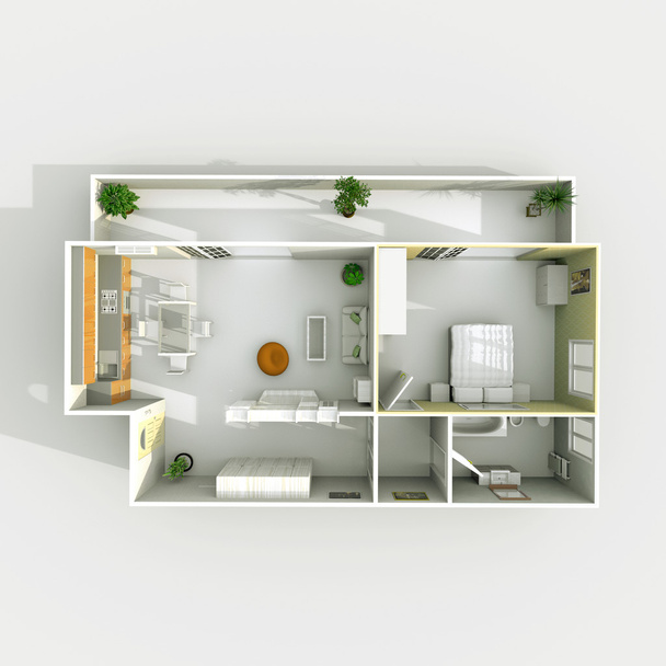 3d interno rendering vista dall'alto di appartamento senza tetto con mobili
 - Foto, immagini