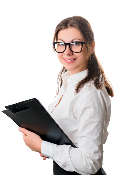 beautiful businesswoman in a white shirt and glasses holding fol - Φωτογραφία, εικόνα