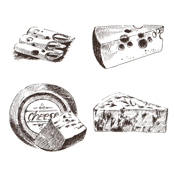 desenho de desenho de desenho de queijo vetorial modelo. coleta de alimentos agrícolas. produtos lácteos desenhados à mão
 - Vetor, Imagem
