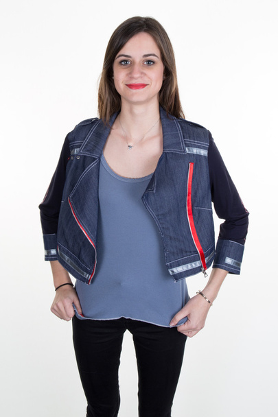 Happy young girl portrait with jeans jacket - Fotografie, Obrázek