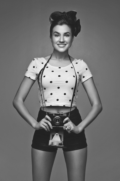 Girl with retro camera - Zdjęcie, obraz