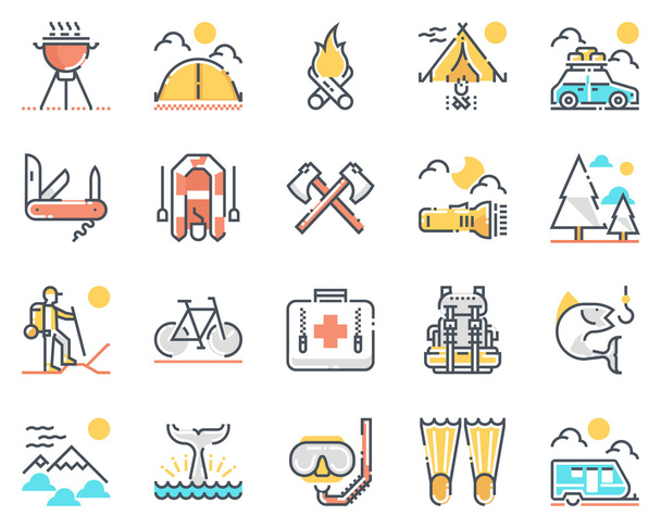 Camping icon set Color line - Vector, Image