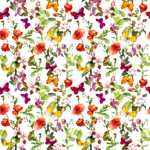 Meadow flowers and butterflies repeating pattern. Watercolor - Фото, изображение