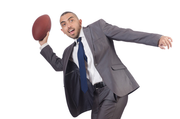 Homem com bola de futebol americano isolado em branco
 - Foto, Imagem