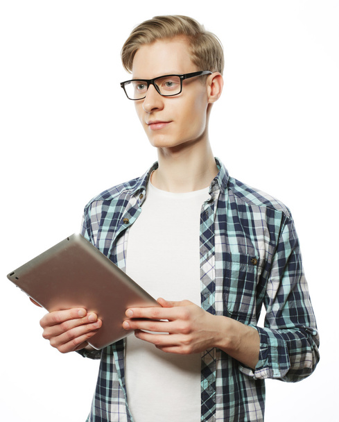 Happy Young Man Using Digital Tablet Isolated - Foto, Imagem