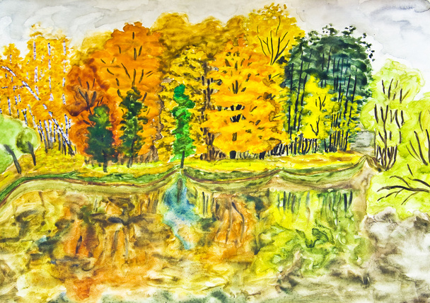Cuadro pintado a mano, paisaje de otoño
 - Foto, imagen
