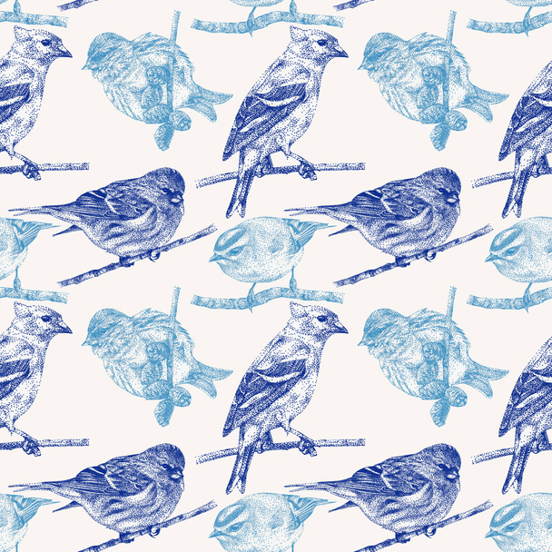 Seamless pattern with different birds drawn by hand with black ink - Foto, Imagem