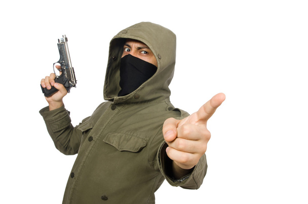 Человек в маске в криминальной концепции на белом - Фото, изображение