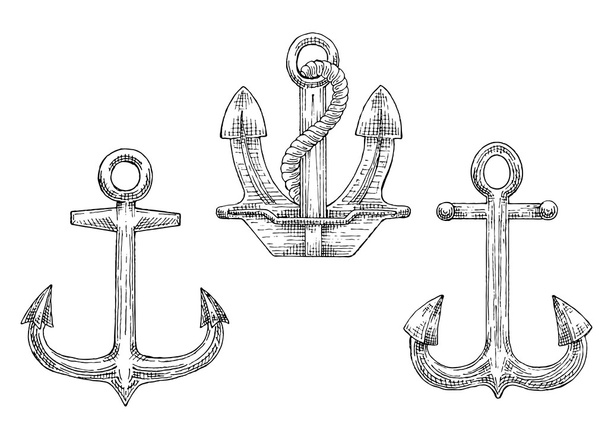 Haditengerészet hajó horgonyok a kötél vázlat ikonok - Vektor, kép