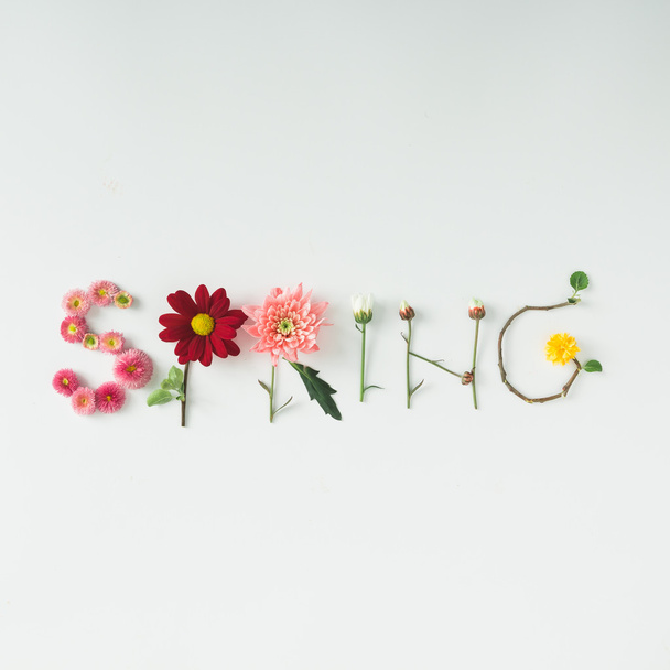 Palavra "primavera" feita de flores
 - Foto, Imagem