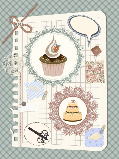vector scrapbook with nakin and cakes, toys, and other design el - Vettoriali, immagini