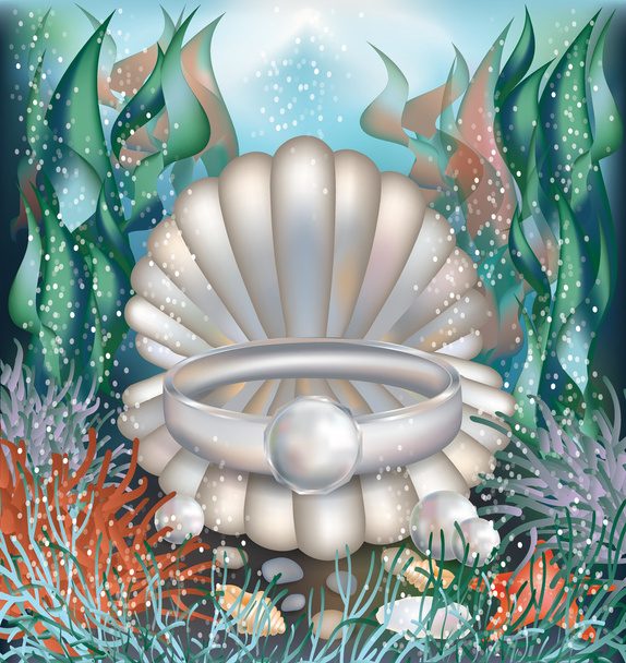 Underwater card with platinum ring and pearls, vector - Vektör, Görsel