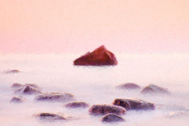 Эффект акварельной краски. Эффект краски. Розовый закат на скалистом побережье моря. Гладкий уровень воды и мечтательный эффект
 - Фото, изображение