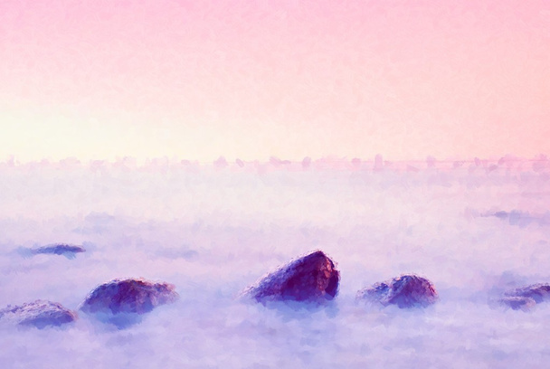 Ефект акварельної фарби. Ефект малювання. Рожевий захід сонця на скелястому узбережжі моря. Рівний рівень води і мрійливий ефект
 - Фото, зображення