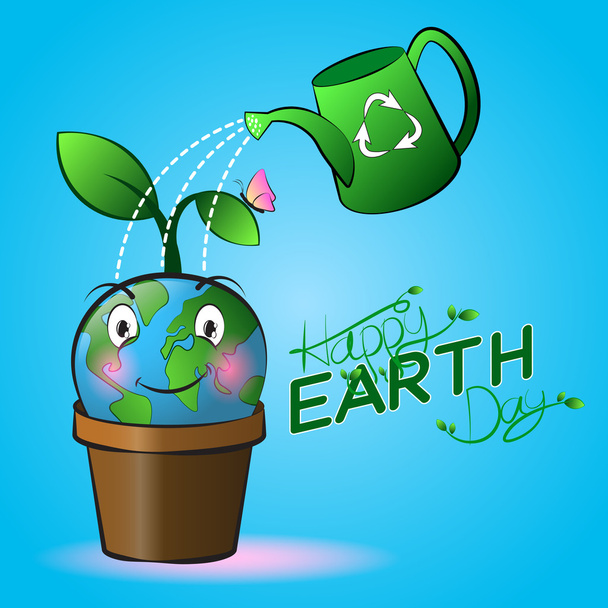 Carino sorridente cartone animato Terra su una pentola con irrigazione e sfondo blu
. - Vettoriali, immagini