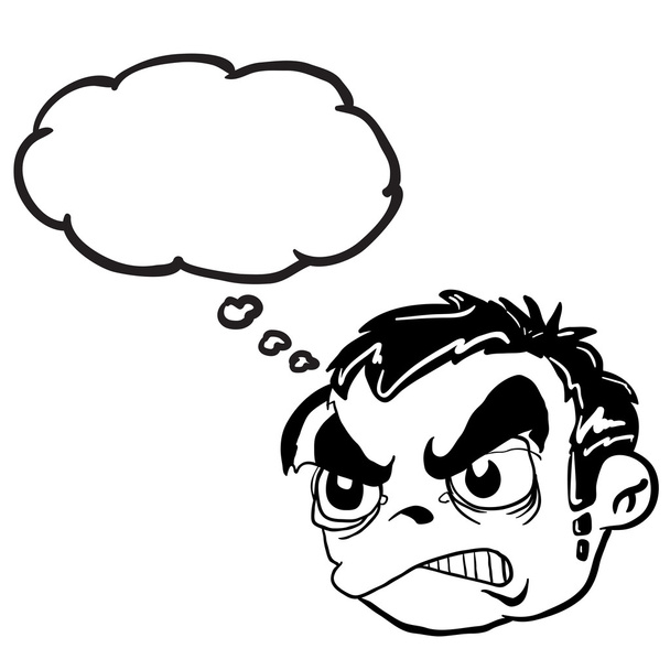 simple tête de garçon en colère noir et blanc avec bulle de pensée
 - Vecteur, image