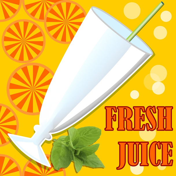 Cold fresh juice, template with glass, straw, bubbles, orange juicy slices and mind leaf on orange summer background with inscription fresh juice. Summer offer of cold healthy vitamin drinks  - Vector, Image